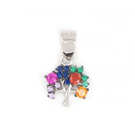 925 Sterling Silver rhodium plated pendant with tree of life and multicolored cubic zirconia 16x9mm