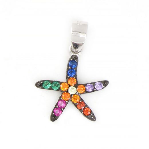 925 Sterling Silver rhodium plated pendant with starfish and multicolored cubic zirconia