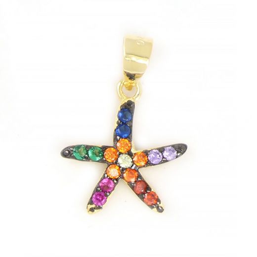 925 Sterling Silver gold plated pendant with starfish and multicolored cubic zirconia