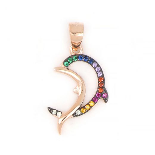 925 Sterling Silver rose gold plated pendant with dolphin design and multicolored cubic zirconia