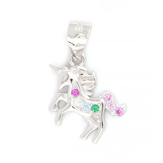 925 Sterling Silver kids pendant rhodium plated with a unicorn design and multicolored cubic zirconia
