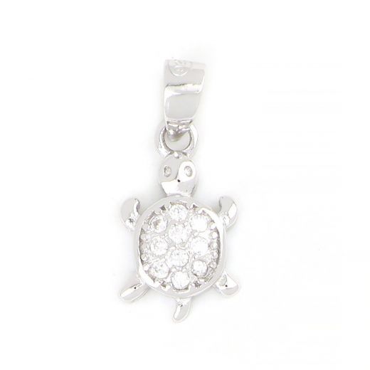 925 Sterling Silver kids pendant rhodium plated with white cubic zirconia and turtle design