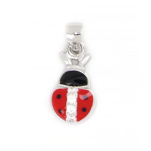 925 Sterling Silver kids pendant rhodium plated with a ladybird beetle design and white cubic zirconia