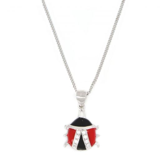 925 Sterling Silver kids pendant with chain rhodium plated with a ladybird beetle design