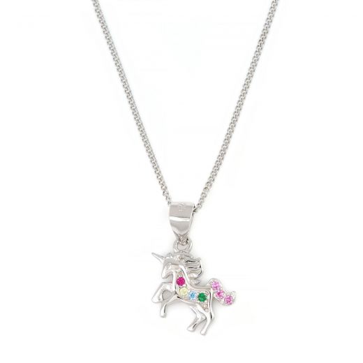 925 Sterling Silver kids pendant with chain rhodium plated with a unicorn design and multicolored cubic zirconia