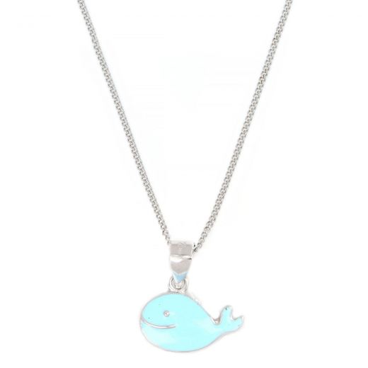 925 Sterling Silver kids pendant with chain rhodium plated with a beautiful light blue whale design