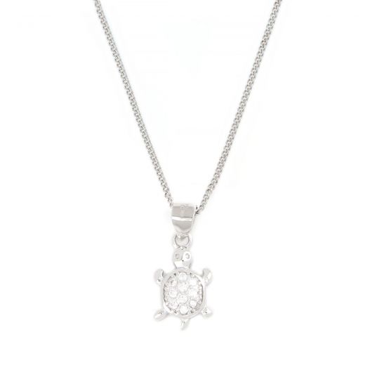 925 Sterling Silver kids pendant with chain rhodium plated with white cubic zirconia and turtle design