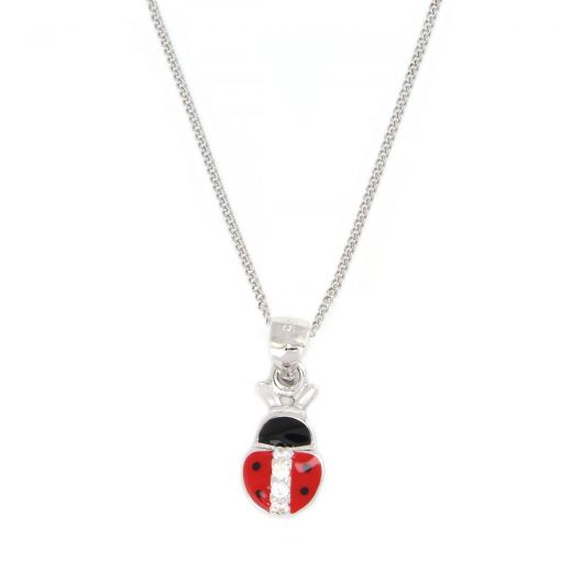 925 Sterling Silver kids pendant with chain rhodium plated with a ladybird beetle design and white cubic zirconia
