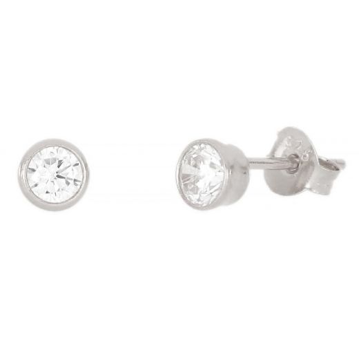 Ασημένια σκουλαρίκια καρφωτά με επιροδίωση και λευκό ζιργκόν 4mm