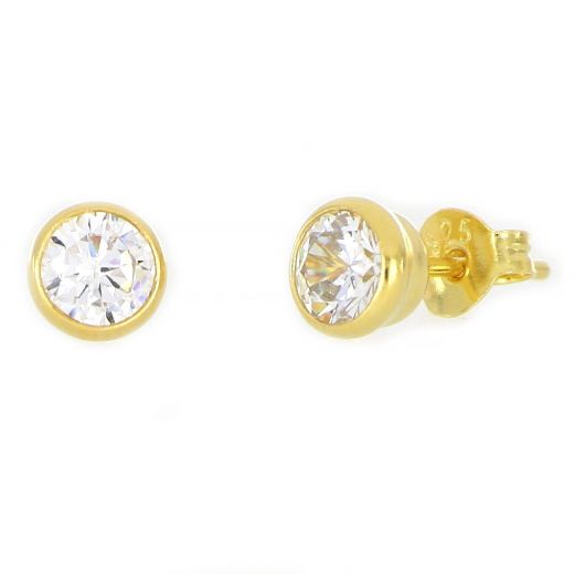 925 Sterling Silver stud earrings gold plated and white cubic zirconia 5mm