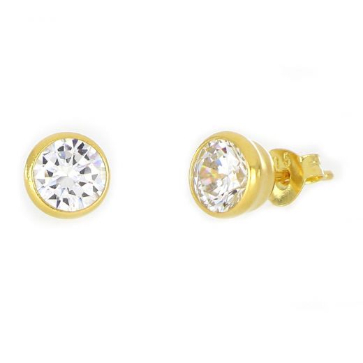 925 Sterling Silver stud earrings gold plated and white cubic zirconia 6mm