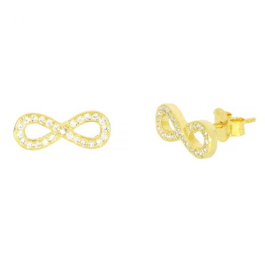 925 Sterling Silver stud earrings gold plated with white cubic zirconia and infinity design