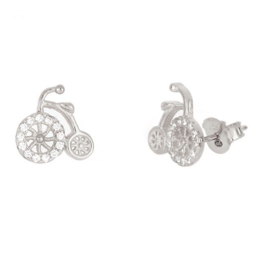 925 Sterling Silver stud earrings rhodium plated with bicycle design and white cubic zirconia