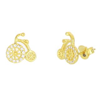 925 Sterling Silver stud earrings gold plated with bicycle design and white cubic zirconia 925 Sterling Silver stud earrings gold plated with bicycle design and white cubic zirconia