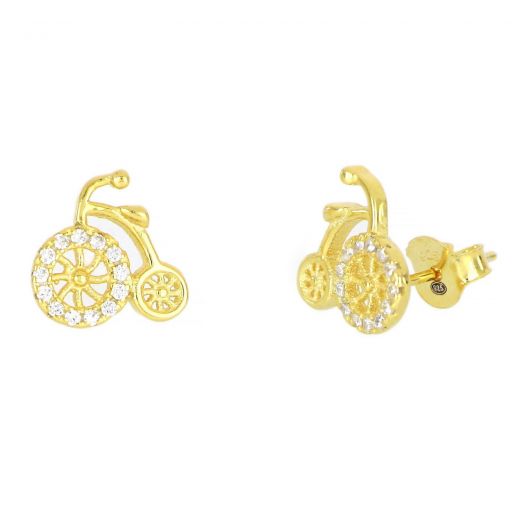 925 Sterling Silver stud earrings gold plated with bicycle design and white cubic zirconia