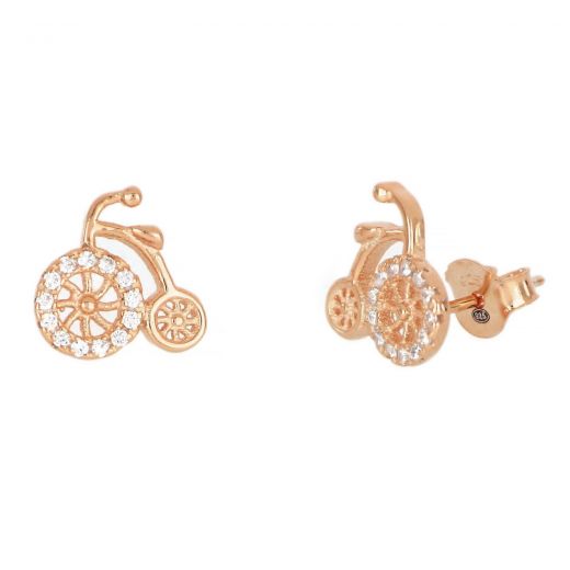 925 Sterling Silver stud earrings rose gold plated with bicycle design and white cubic zirconia