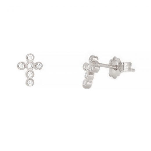 Ασημένια σκουλαρίκια καρφωτά επιροδιωμένα με σχέδιο σταυρουδάκι με λευκά ζιργκόν