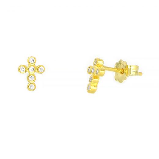 925 Sterling Silver stud earrings gold plated with cross design and white cubic zirconia