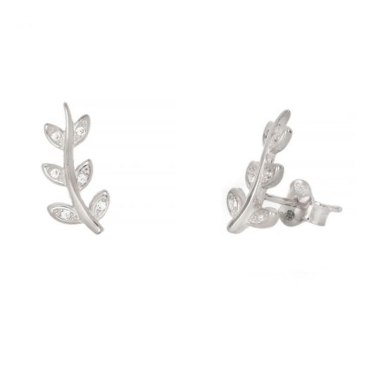 925 Sterling Silver stud earrings rhodium plated with leaves design and white cubic zirconia 14x7mm