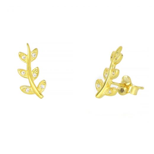 925 Sterling Silver stud earrings gold plated with leaves design and white cubic zirconia