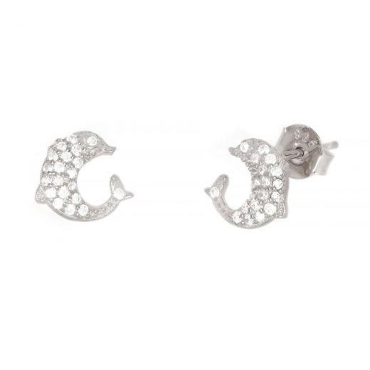 925 Sterling Silver stud earrings with white cubic zirconia and dolphin design