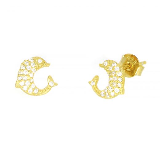 925 Sterling Silver stud earrings gold plated with white cubic zirconia and dolphin design
