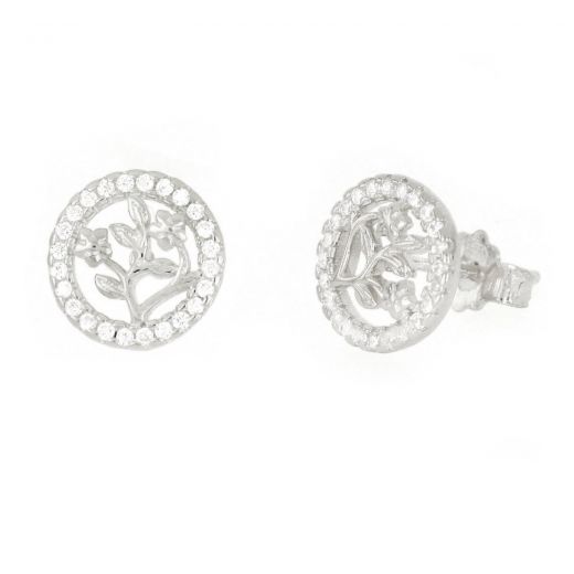 925 Sterling Silver stud earrings rhodium plated with trees of life and white cubic zirconia 10mm
