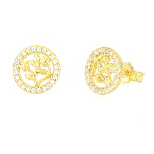 925 Sterling Silver stud earrings gold plated with trees of life design and white cubic zirconia 10mm