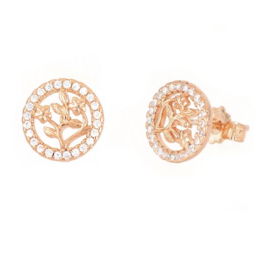 925 Sterling Silver stud earrings rose gold plated with trees of life and white cubic zirconia