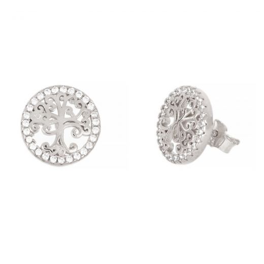 925 Sterling Silver stud earrings rhodium plated with trees of life and white cubic zirconia 11mm