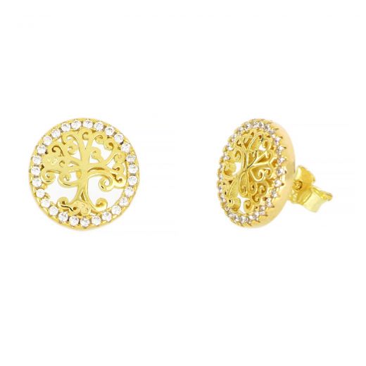 925 Sterling Silver stud earrings gold plated with trees of life and white cubic zirconia