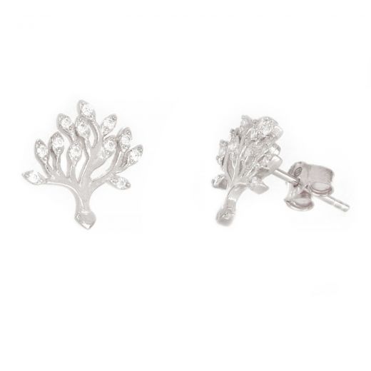 925 Sterling Silver stud earrings rhodium plated with trees of life and white cubic zirconia
