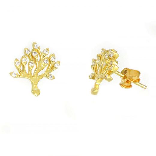 925 Sterling Silver stud earrings gold plated with trees of life design and white cubic zirconia 12x10mm