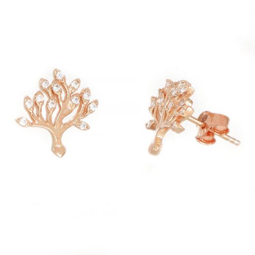 925 Sterling Silver stud earrings rose gold plated with trees of life and white cubic zirconia