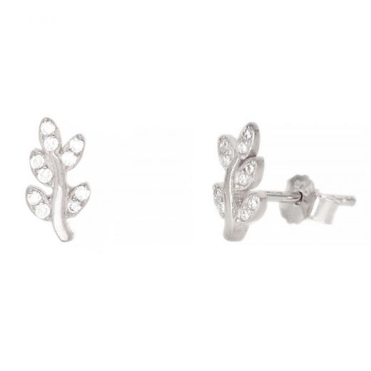 925 Sterling Silver stud earrings rhodium plated with leaves and white cubic zirconia