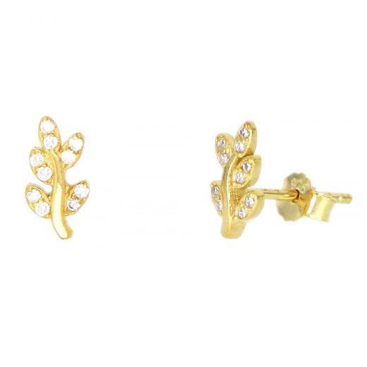 925 Sterling Silver stud earrings gold plated with leaves and white cubic zirconia
