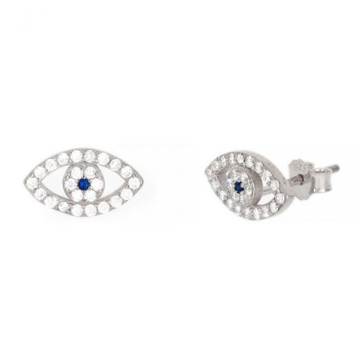 925 Sterling Silver stud earrings rhodium plated with white cubic zirconia and beautiful evil eye design