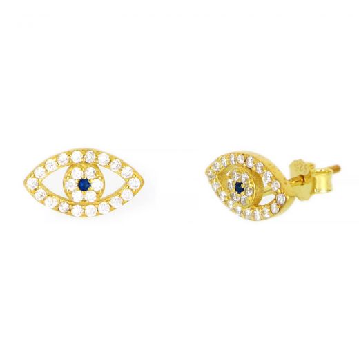 925 Sterling Silver stud earrings gold plated with white cubic zirconia and elegant evil eye design