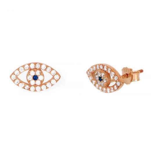 925 Sterling Silver stud earrings rose gold plated with white cubic zirconia and evil eye design