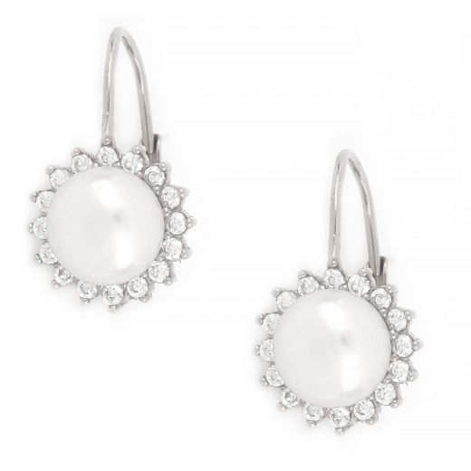 925 Sterling Silver stud earrings rhodium plated with white cubic zirconia and fresh water pearl 11mm