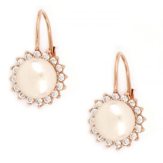925 Sterling Silver stud earrings rose gold plated with white cubic zirconia and fresh water pearl