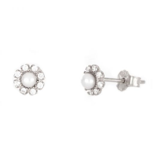 925 Sterling Silver stud earrings rhodium plated with white cubic zirconia and a fresh water pearl in the center