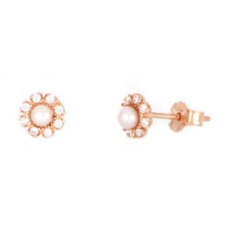 925 Sterling Silver stud earrings rose gold plated with white cubic zirconia and a fresh water pearl in the center 925 Sterling Silver stud earrings rose gold plated with white cubic zirconia and a fresh water pearl in the center