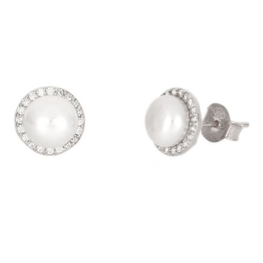 925 Sterling Silver stud earrings rhodium plated with white cubic zirconia and a fresh water pearl in the center