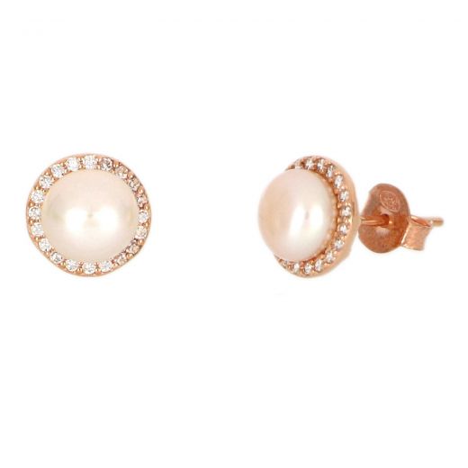 925 Sterling Silver stud earrings rose gold plated with white cubic zirconia and a fresh water pearl in the center 9mm