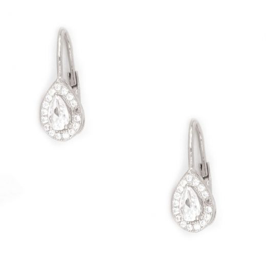925 Sterling Silver stud earrings rhodium plated, with white cubic zirconia and a tear design