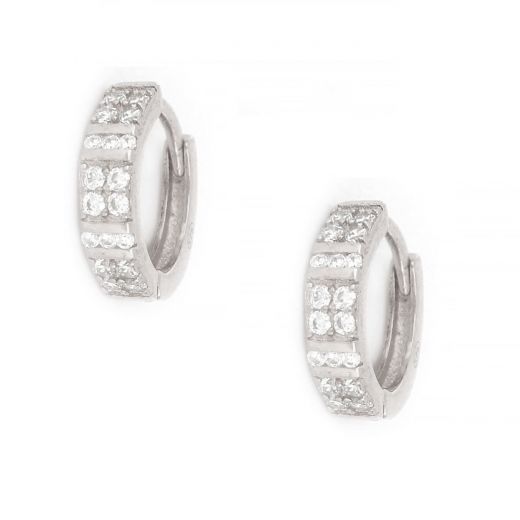 925 Sterling Silver small hoop earrings rhodium plated with white cubic zirconia 14mm