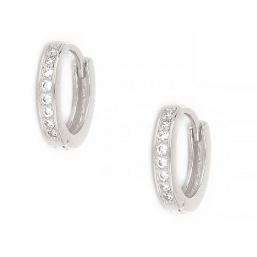 925 Sterling Silver small hoop earrings rhodium plated with white cubic zirconia, thickness 3mm and diameter 14mm