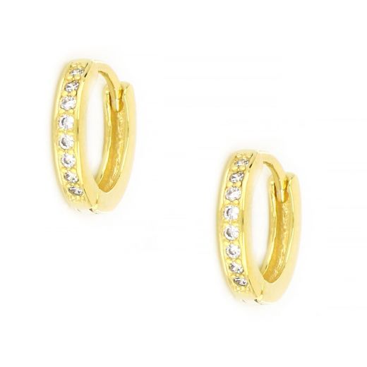 925 Sterling Silver small hoop earrings gold plated with white cubic zirconia, thickness 3mm and diameter 14mm