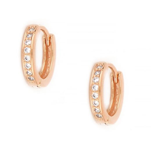 925 Sterling Silver small hoop earrings rose gold plated with white cubic zirconia, thickness 3mm and diameter 14mm